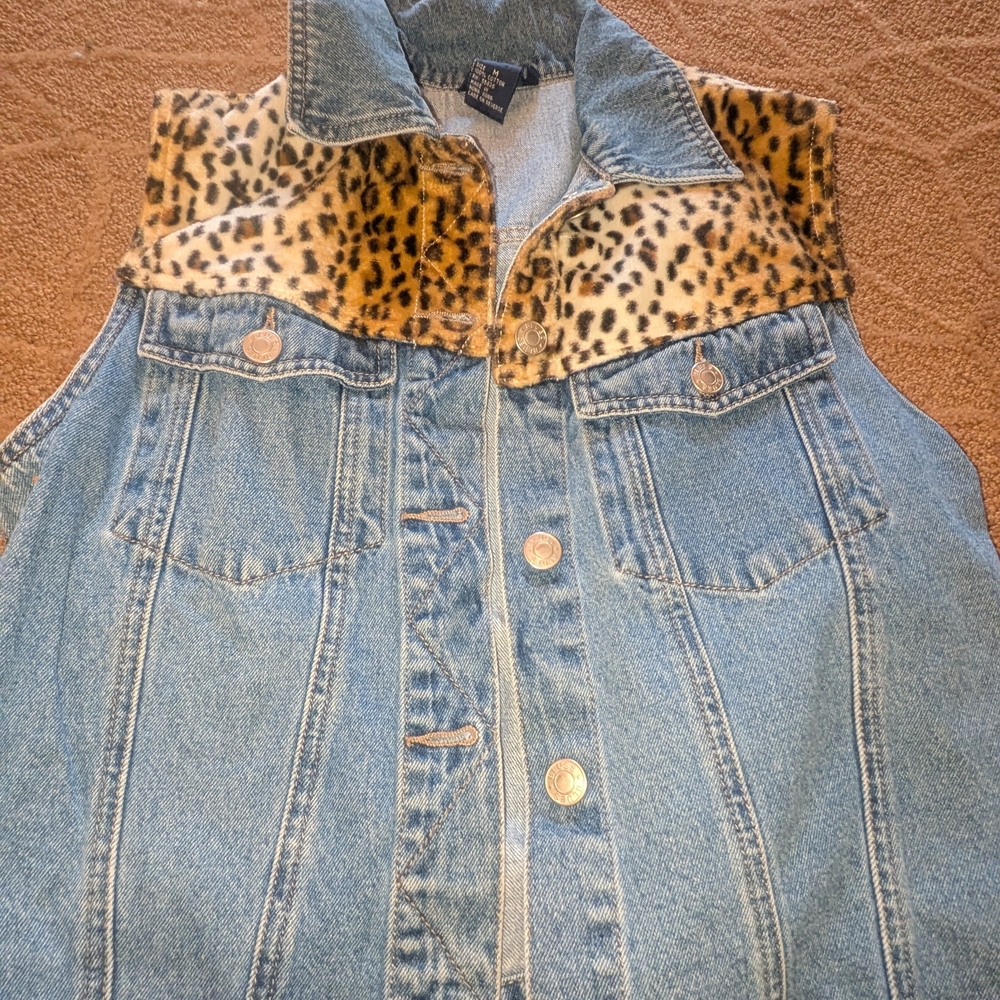 Baccini VINTAGE 80s  Denim Vest with FUR Leopard Print MEDIUM M WOMENS NO FLAWS